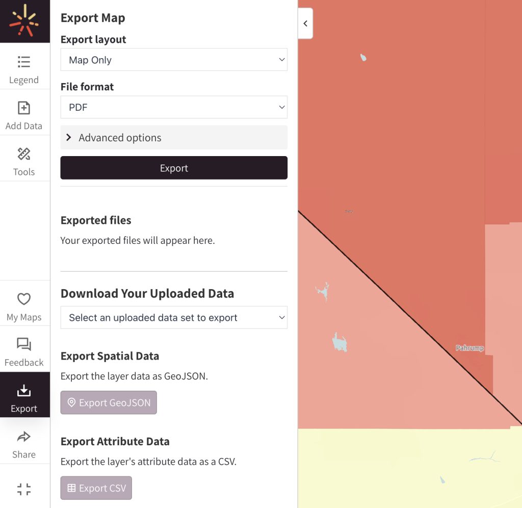 A SparkMap visitor exports their map by clicking the export button in the left menu, then selecting their preferred export option. 